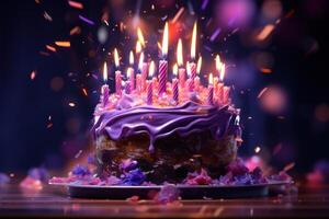 AI generated colorful background with candled cake to celebrate birthday photo