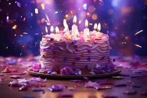 AI generated colorful background with candled cake to celebrate birthday photo