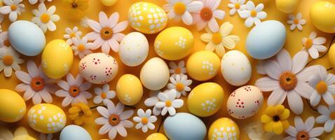 AI generated colorful easter eggs are scattered on a yellow background photo