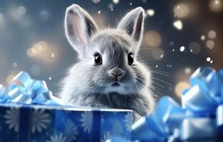 AI generated easter bunny in plastic gift box with presents photo