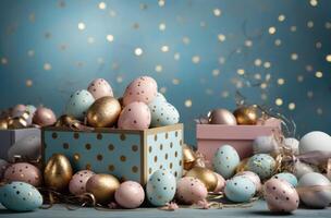 ai generado Fresco Pascua de Resurrección huevos volador desde un caja en un azul antecedentes foto