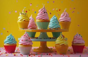 AI generated colorful cupcakes made with confetti and cupcake stand tables of several colors photo