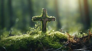 AI generated easter cross concept in the nature with blurred background photo