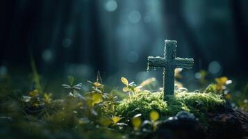 AI generated easter cross concept in the nature with blurred background photo