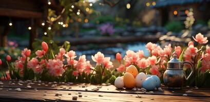 ai generado hermosa Pascua de Resurrección Pascua de Resurrección huevos para niños en de madera mesa foto