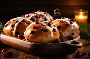 AI generated on wood on top of warm hot cross buns photo