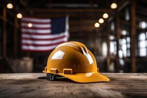 AI generated hard hat on table next to american flag photo