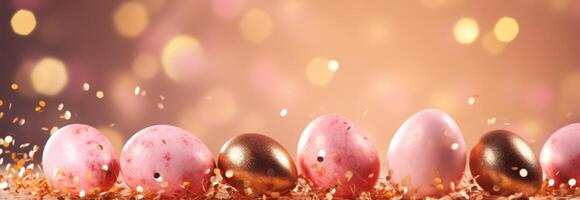 AI generated golden and pink eggs in motion with sparklers on the gold background photo