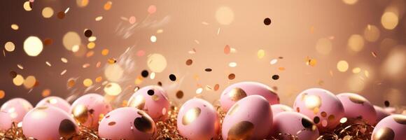 AI generated golden and pink eggs in motion with sparklers on the gold background photo