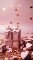 AI generated gold heart confetti and pink gifts on bright pink background photo