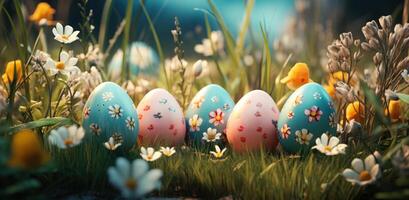 AI generated easter eggs, flower and grass in grass, on wooden table background photo