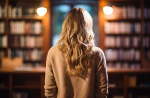 AI generated girl looking back at bookcase photo