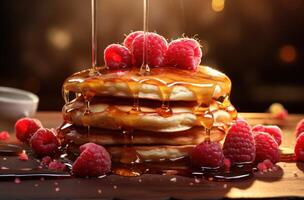 AI generated a stack of pancakes on a table with raspberries and maple syrup photo