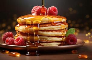 AI generated a stack of pancakes on a table with raspberries and maple syrup photo