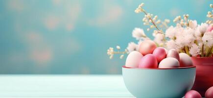 AI generated easter and flowers table in blue cup stock footage photo