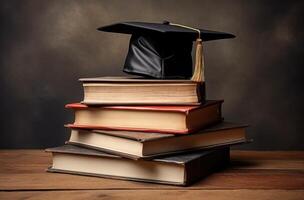 ai generado un graduación gorra en un apilar de libros foto