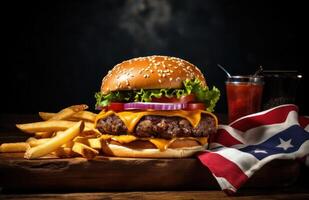 AI generated burger with an american flag american flag photo