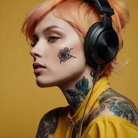 ai generado mujer con auriculares y tatuaje foto