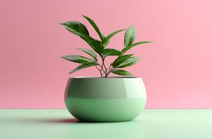 AI generated green flower pot in pink background with green leaf photo