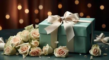 AI generated present box and small roses around green background photo