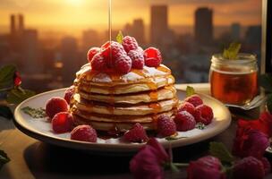 AI generated the stack of pancakes is topped with raspberries on a plate photo
