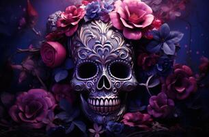 AI generated sugar skull, flowers and violet background photo