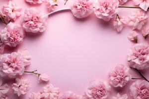 AI generated pink frames surrounded by pink carnations on a pink background photo