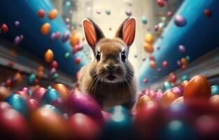 ai generado Conejo corriendo con de colores huevos foto