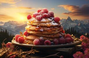 AI generated the stack of pancakes is topped with raspberries on a plate photo
