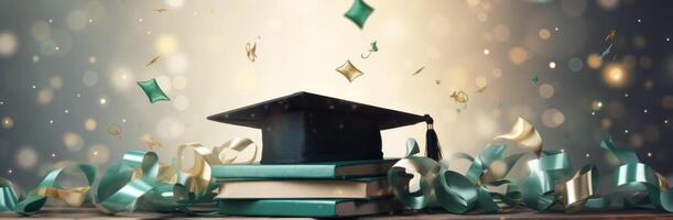 ai generado graduación gorra en el libros con papel picado y papel picado foto