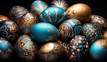 ai generado un grupo de vistoso decorado Pascua de Resurrección huevos foto