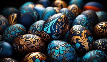 ai generado un grupo de vistoso decorado Pascua de Resurrección huevos foto