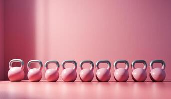 AI generated a group of pink kettlebells on a table with a pink wall photo