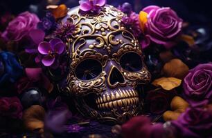 AI generated the sugar skull is decorated with yellow flowers and violets photo