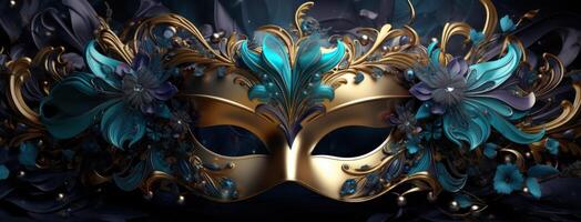 ai generado púrpura y azul mascarada máscara con decoraciones foto