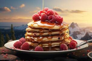 AI generated the stack of pancakes is topped with raspberries on a plate photo