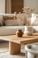 AI generated A close-up of a minimalist living room with a wooden coffee table beside a sofa. The interior is styled in fashionable peach tones. photo