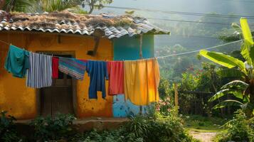 AI generated Colorful clothes sway on a line, drying in the warm sunlight, adding a cheerful touch to the peaceful scene photo