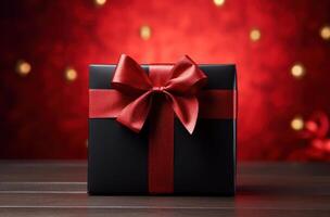 AI generated christmas gift bow and black box on red background photo