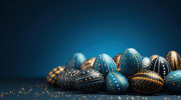 AI generated colorful western orient easter eggs over a blue background, animated gifs, dark yellow and blue photo