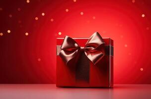 AI generated christmas gift bow and black box on red background photo