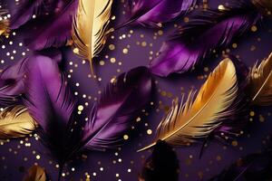 ai generado púrpura y oro plumas en púrpura antecedentes foto