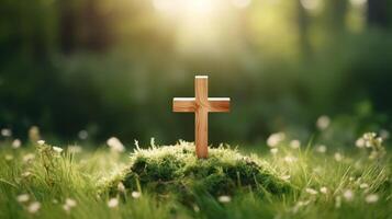 AI generated wooden cross on the green grass photo