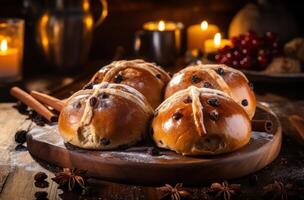 AI generated three raisin hot cross buns on top of a wooden surface photo