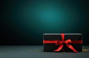 AI generated black gift box with golden ribbon on red background photo