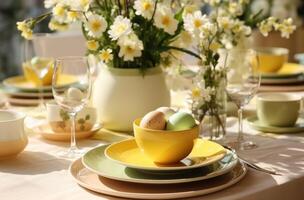 AI generated easter table setting with green leaves easter photo