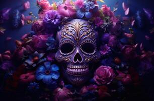 AI generated sugar skull, flowers and violet background photo