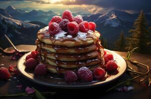 AI generated the stack of pancakes is topped with raspberries on a plate photo