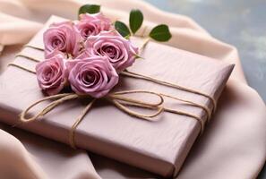 ai generado regalo envuelto rosado sobre con rosas dentro foto