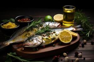 AI generated fish with sage and lemon on wooden board with olive oil on dark background photo